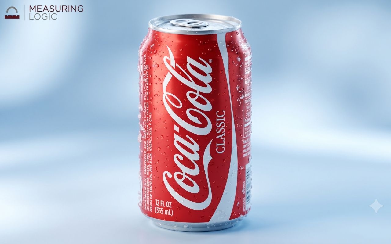 A photograph of a cold, condensation-covered 12oz red coke can of Coca-Cola Classic against a soft, blurred light blue background, showing the white script logo and "CLASSIC."