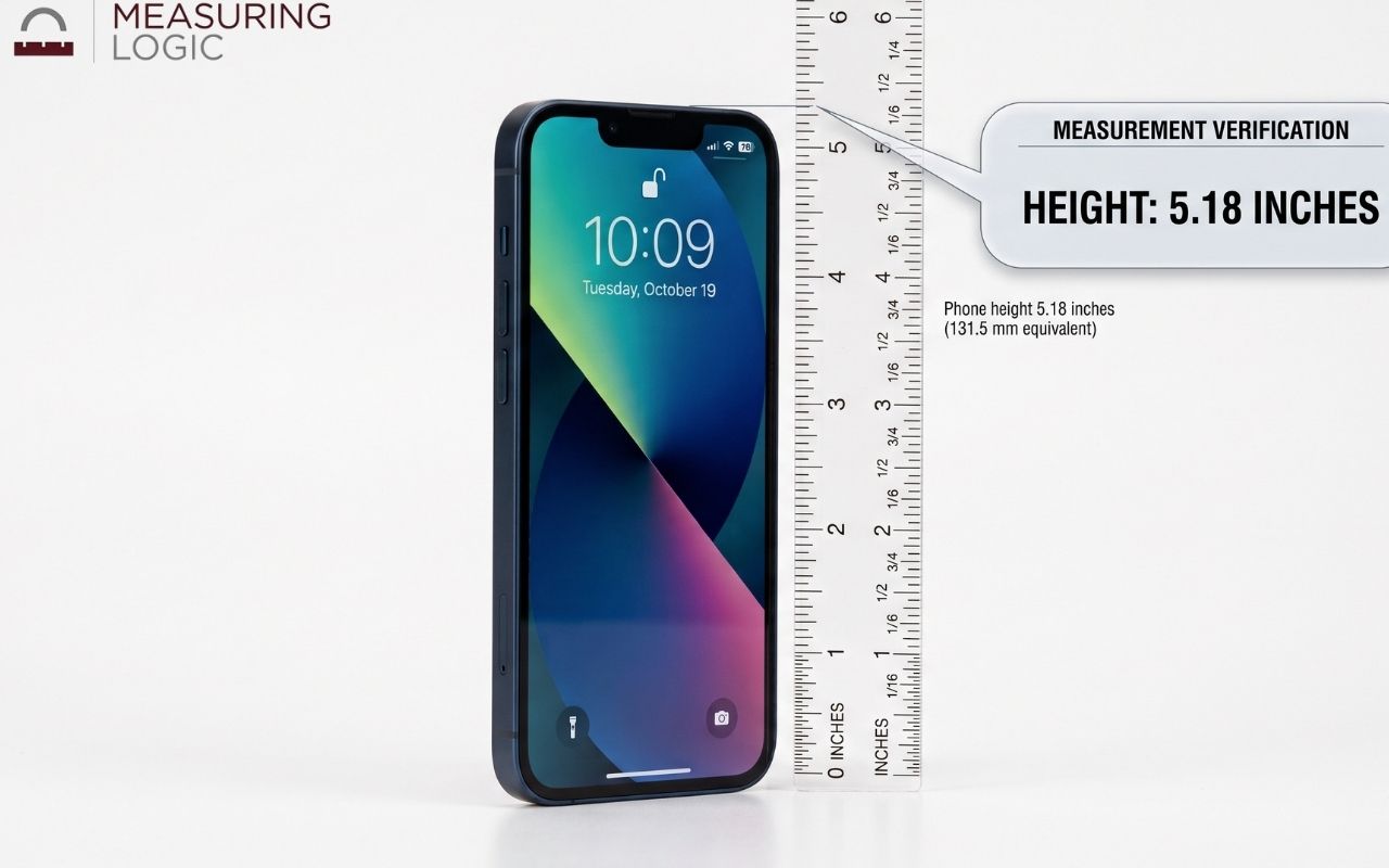 iPhone 13 Mini standing next to a ruler showing its 5.18-inch height