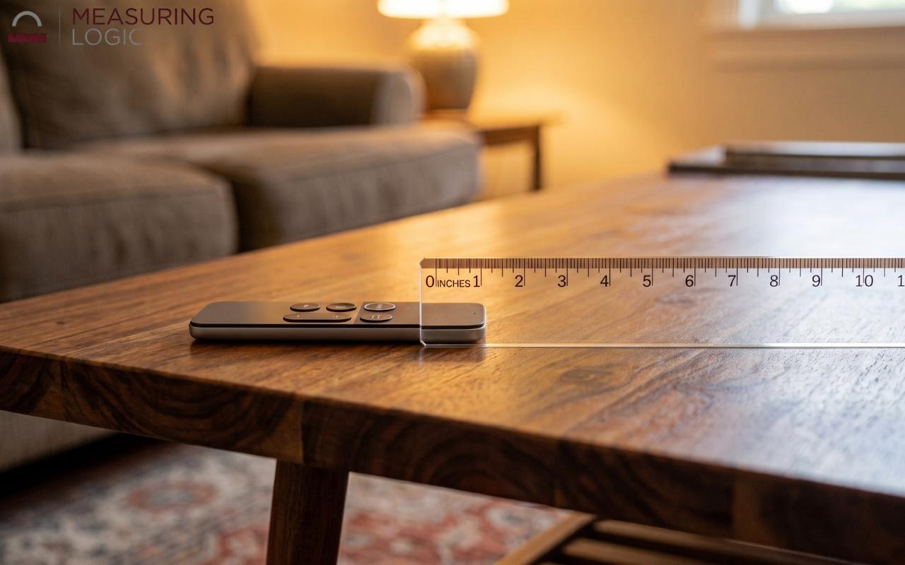 Small streaming remote control next to a ruler on a coffee table