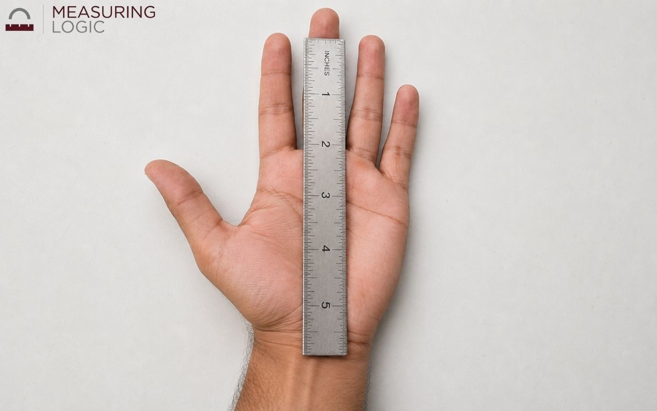 Open hand with a ruler measuring wrist to middle fingertip