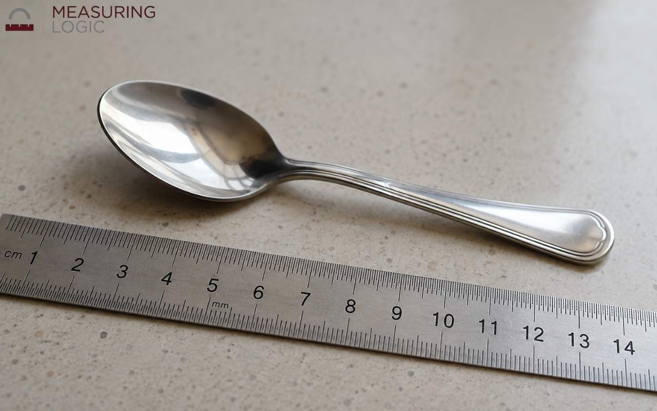 Small teaspoon resting next to a ruler on a kitchen counter