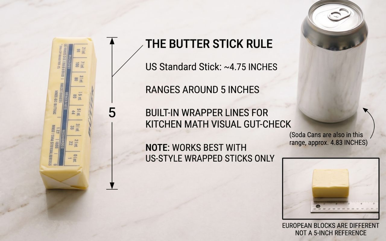 Wrapped stick of butter next to a scale showing a close to 5 inch length
