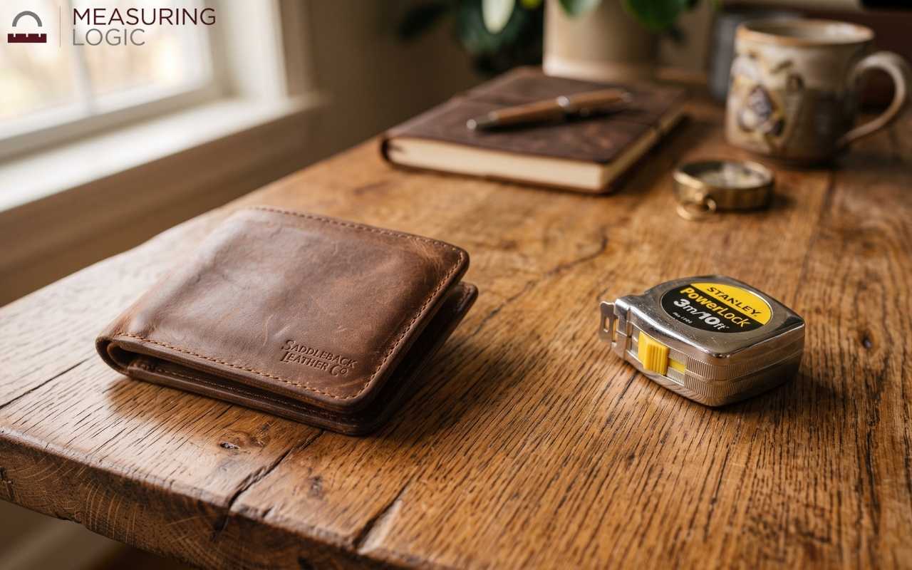 Closed leather bifold wallet next to a tape measure on a wooden desk