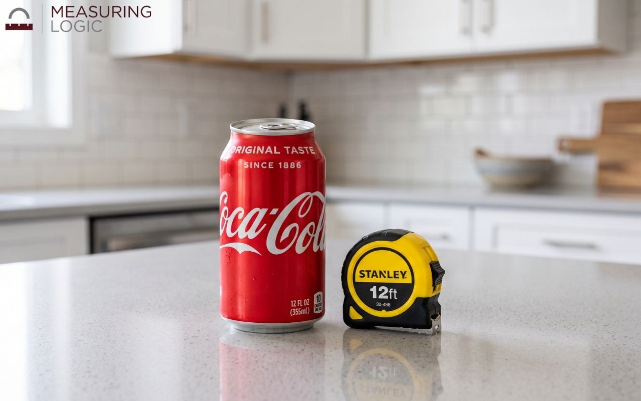 unopened soda can standing next to a tape measure