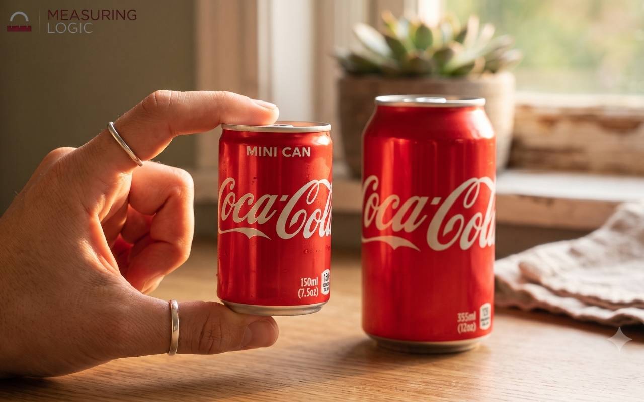 A hand with silver rings holds a small miniature red Coca-Cola can next to a standard full-size red Coca-Cola can, both sitting on a wooden table with a window and plant in the background.