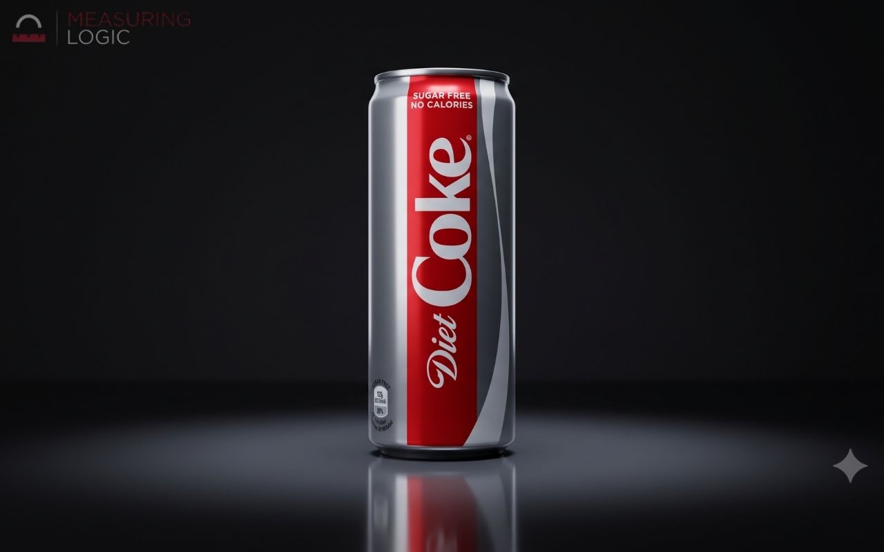 A tall, sleek silver and red Diet Coke can standing on a dark, reflective surface.