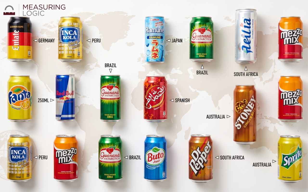 A flat-lay grid of diverse international soda and coke can designs arranged on a subtle world map background.