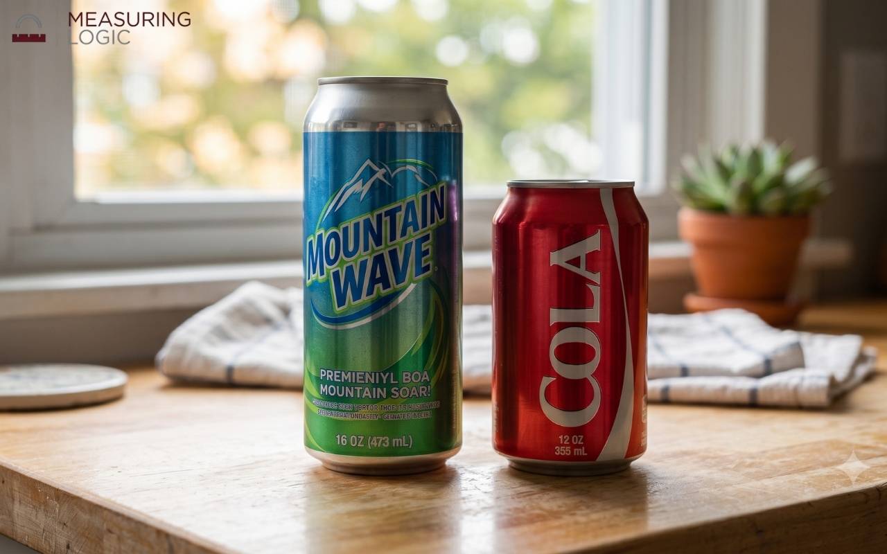 A casual lifestyle photo of a tall 16 oz blue and green Mountain Wave soda can standing next to a standard red coke can on a sunlit wooden kitchen countertop.