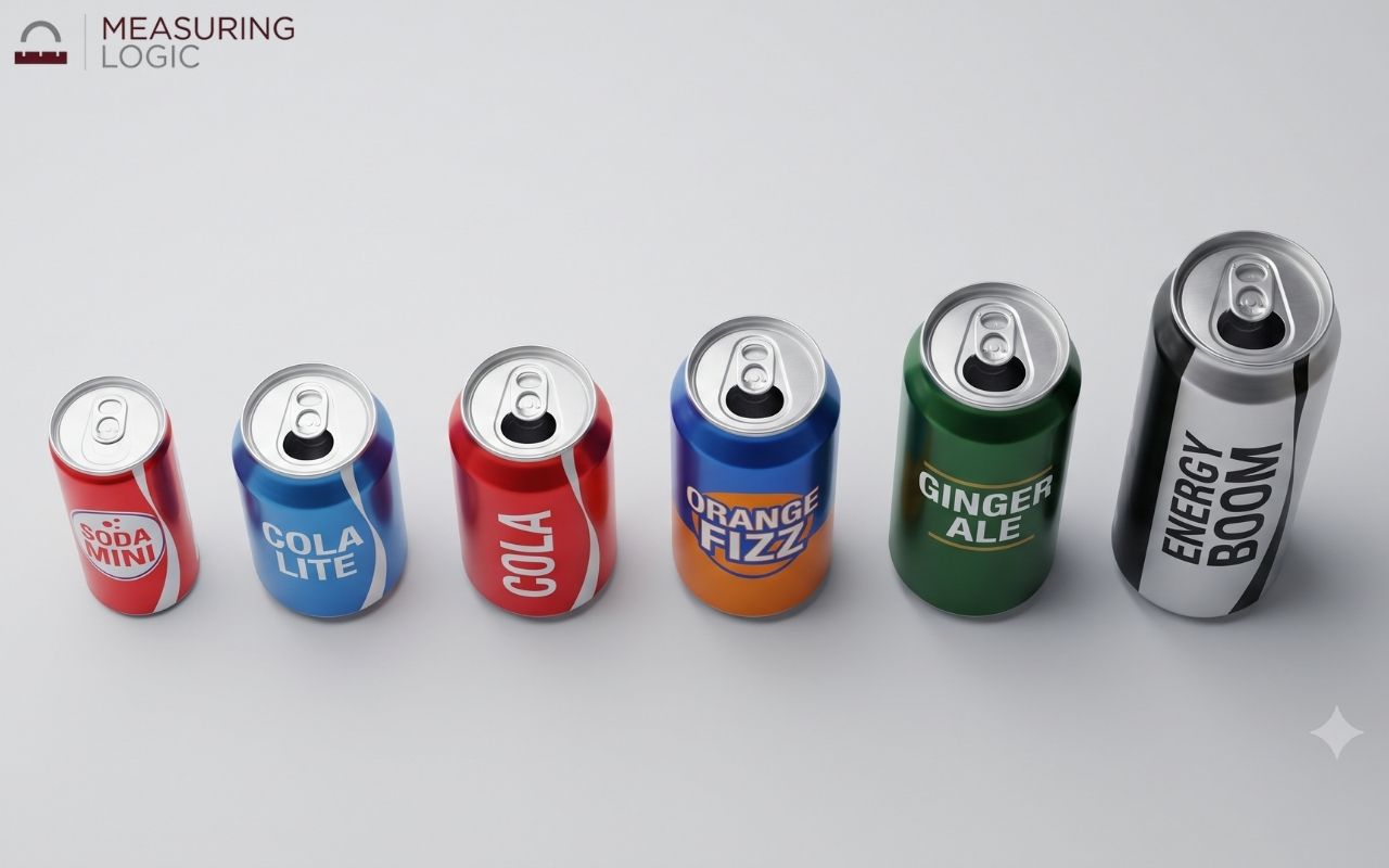 A lineup of six drink cans on a grey background, increasing in size from a small soda to a tall energy drink.