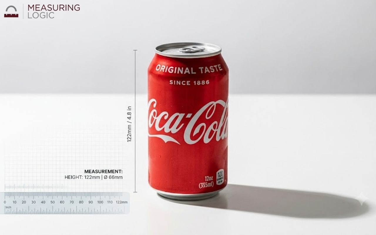 A classic red Coca-Cola can sitting on a clean white studio surface, featuring a subtle digital ruler and measurement graphic overlay.