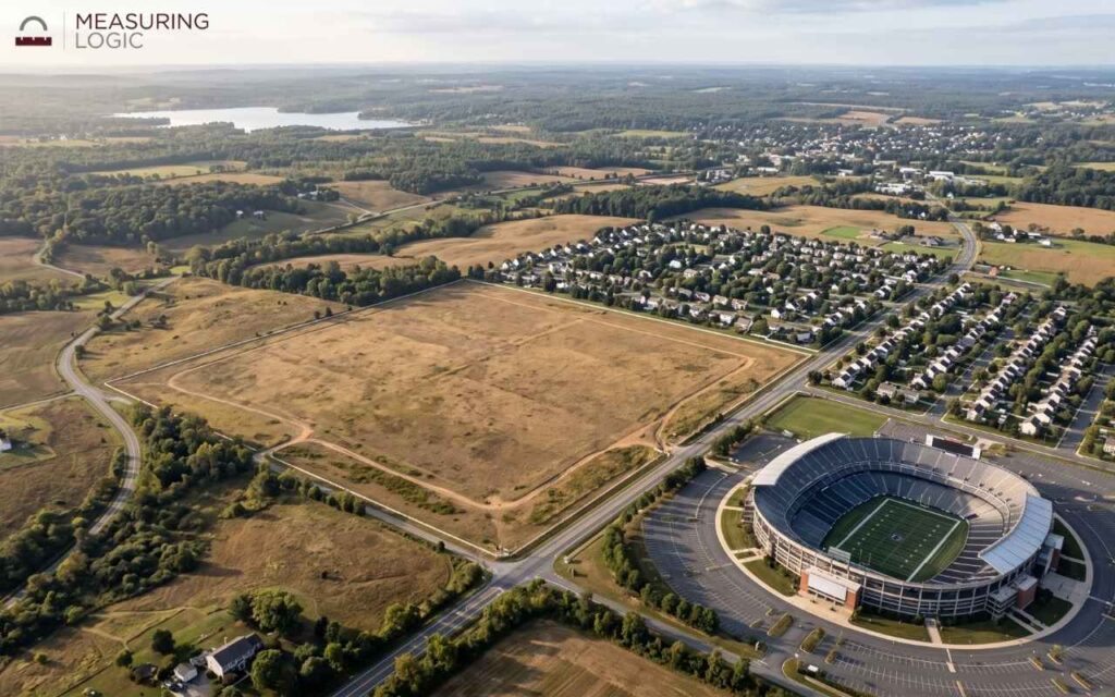 Aerial photograph of an empty, square 100-acre field positioned next to a suburban neighborhood and a football stadium.