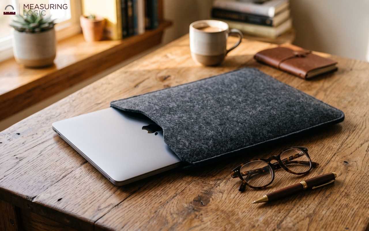 Charcoal-gray felt laptop sleeve partially covering a slim silver laptop on an oak table next to eyeglasses and a pen.