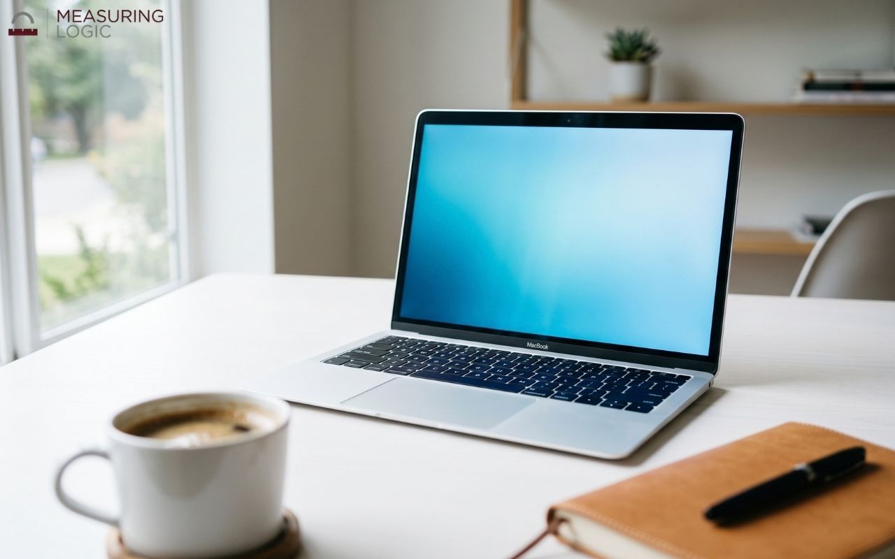13-inch silver laptop open on a white desk with a blue gradient screen, a coffee cup, and a notebook in the foreground.