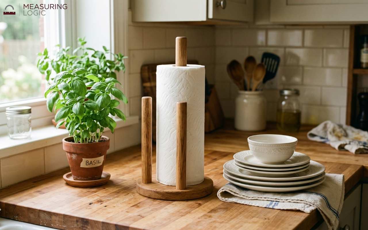 White paper towel roll mounted on a 13-inch wooden countertop holder next to a potted basil plant and neatly stacked dishes.
