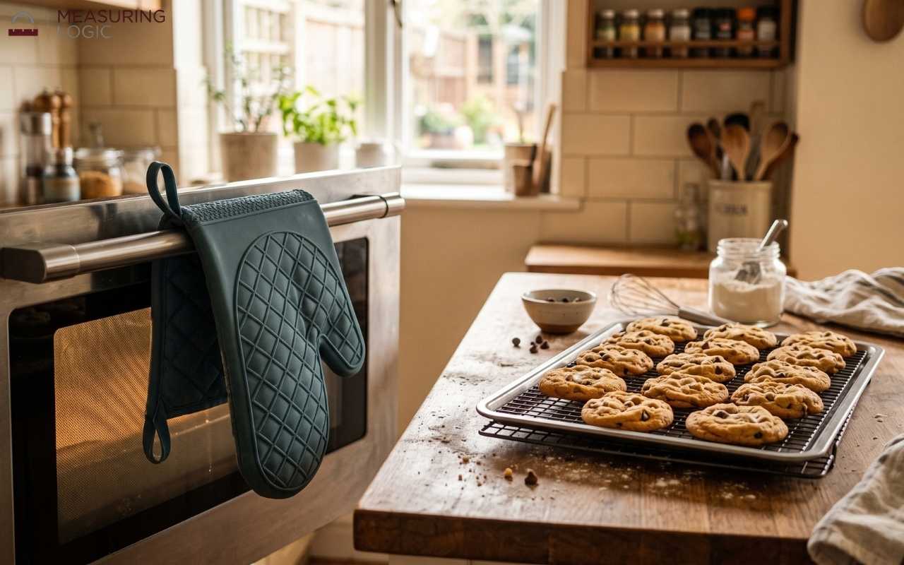 Quilted dark green silicone oven mitt draped over an oven door handle next to a 13-inch cooling rack of chocolate chip cookies.