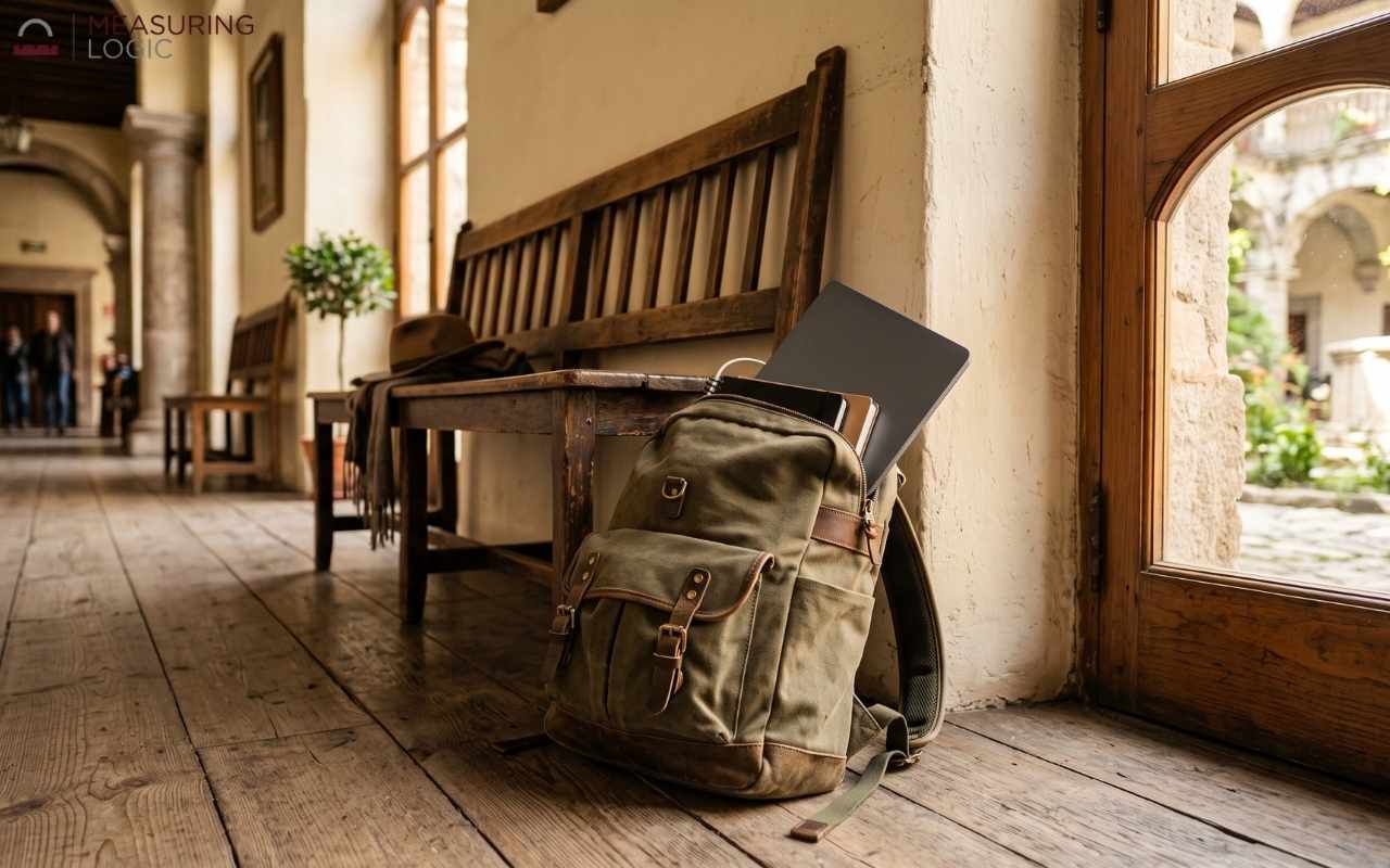 Olive green canvas backpack (designed for a 13-inch laptop) leaning against a wooden bench in a sunlit hallway.