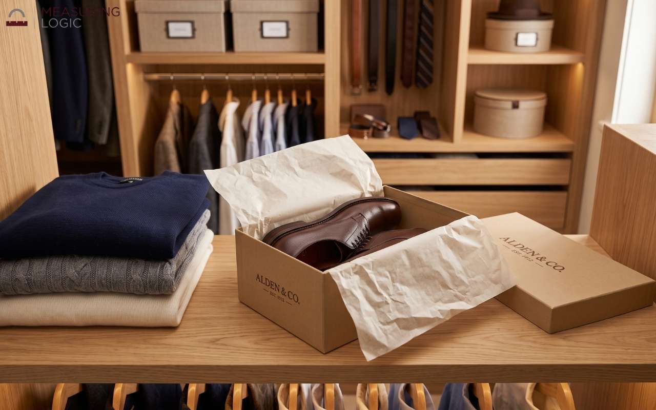 Pair of brown leather dress shoes inside an open 13-inch shoebox with tissue paper, sitting on a closet shelf next to folded sweaters.