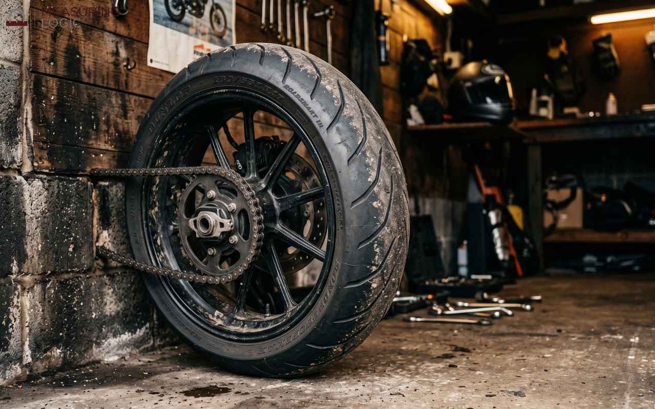 Motorcycle rear 13-inch tire with visible tread leaning against a garage wall, surrounded by tools, a chain, and a helmet.