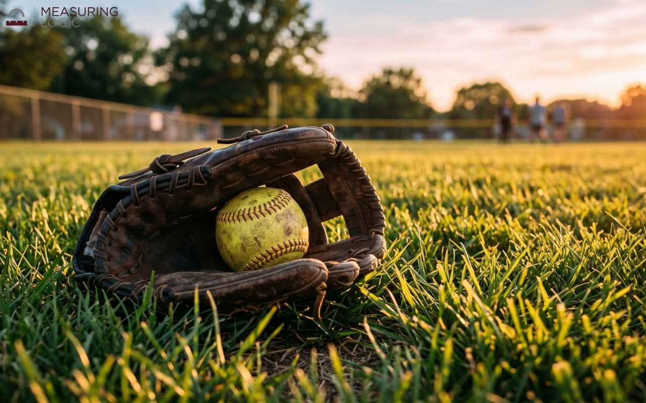 Worn leather 13-inch softball glove resting in the grass with a yellow softball tucked into the pocket during golden hour.