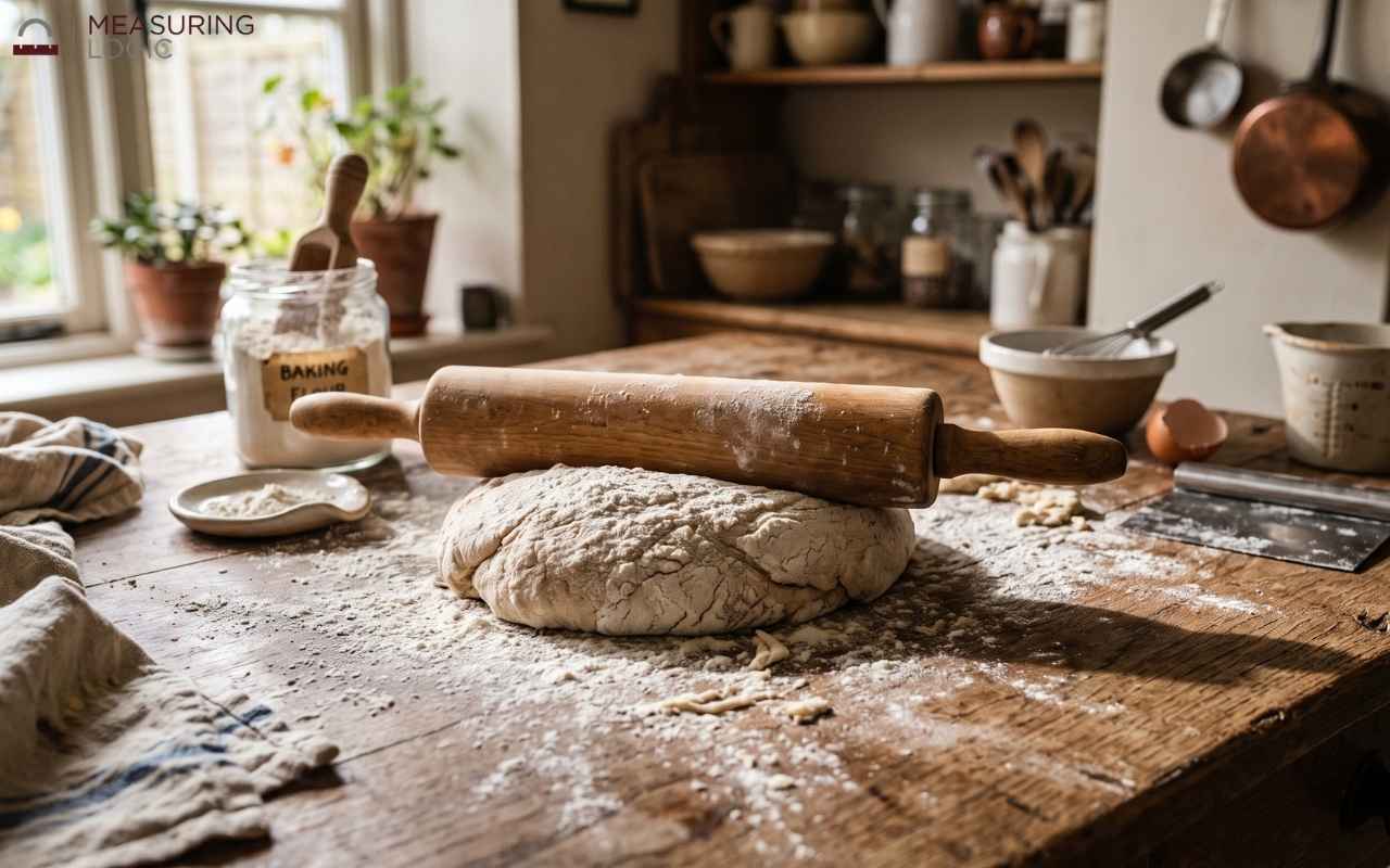wooden rolling pin resting on a mound of flour-dusted dough on a rustic wooden kitchen table.