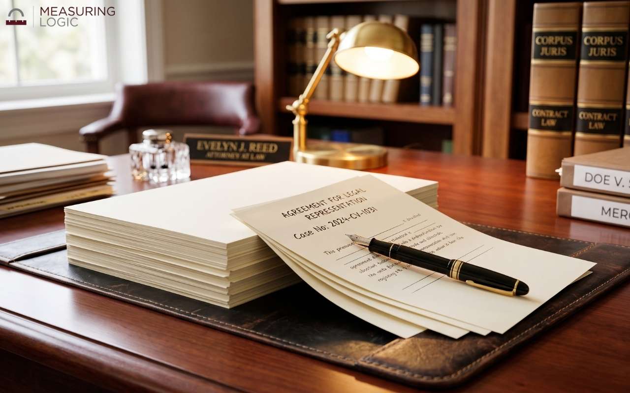 Stack of legal-size paper with a fountain pen resting on top, set on a lawyer's desk beside a leather mat and brass lamp.