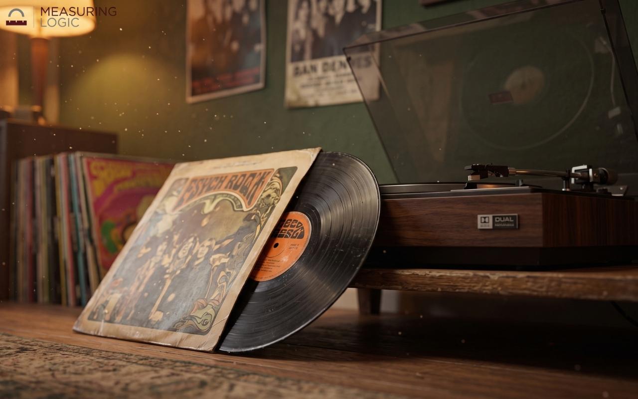 Vintage vinyl record half-pulled from its sleeve leaning against a wooden turntable in a softly lit, retro room.