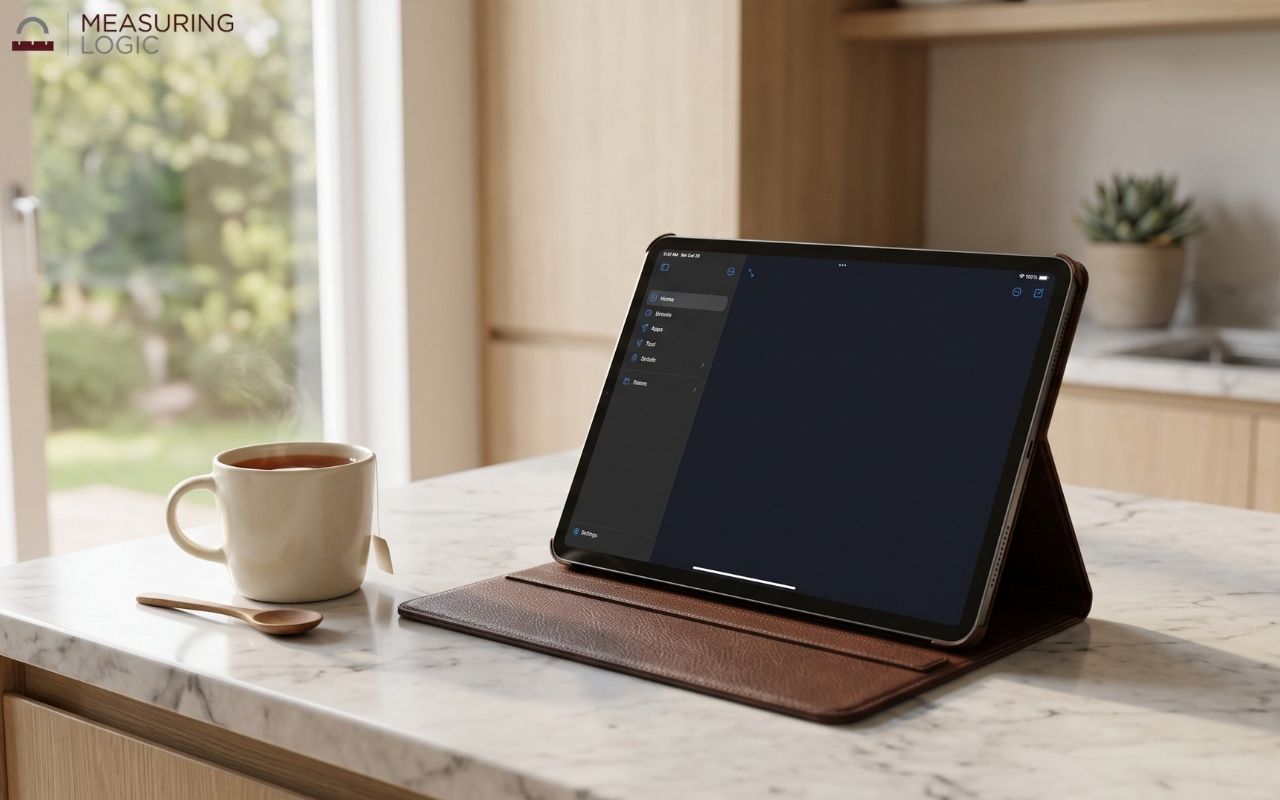 Large tablet propped open in a brown leather folio case on a marble kitchen counter next to a mug of tea.