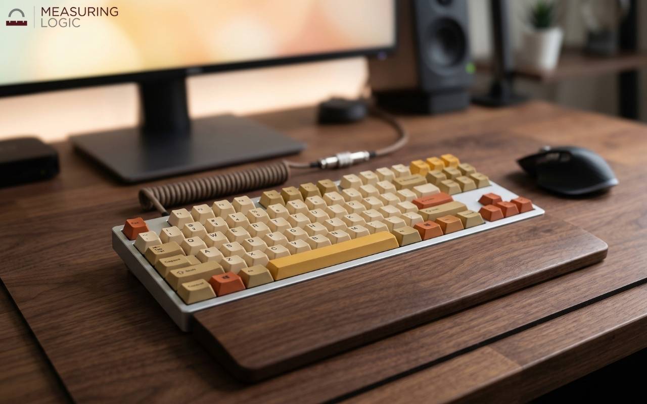 Tenkeyless 13 inch mechanical keyboard with warm orange and beige keycaps resting on a wooden desk mat and wrist rest