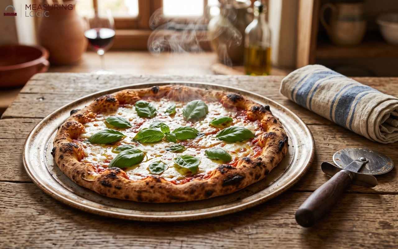 Freshly baked pizza topped with melted cheese and basil leaves on a round 13-inch metal pan on a rustic wooden table.