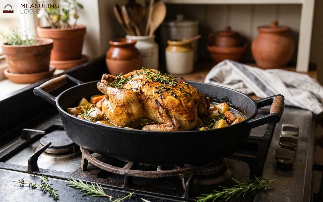 Golden roasted chicken seasoned with herbs in a black 13-inch cast-iron casserole pan sitting on a kitchen stovetop.
