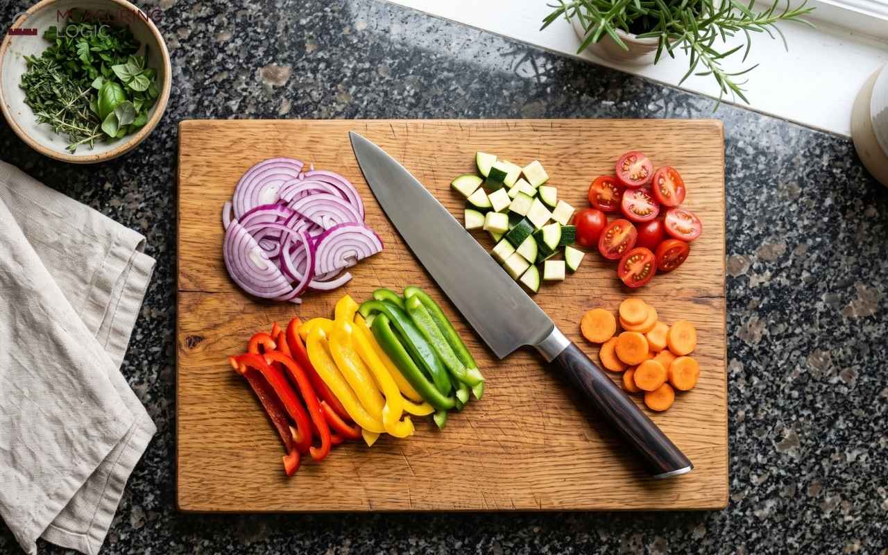 Chef's knife resting on a 13-inch wooden cutting board surrounded by neatly chopped bell peppers, red onions, carrots, and zucchini.