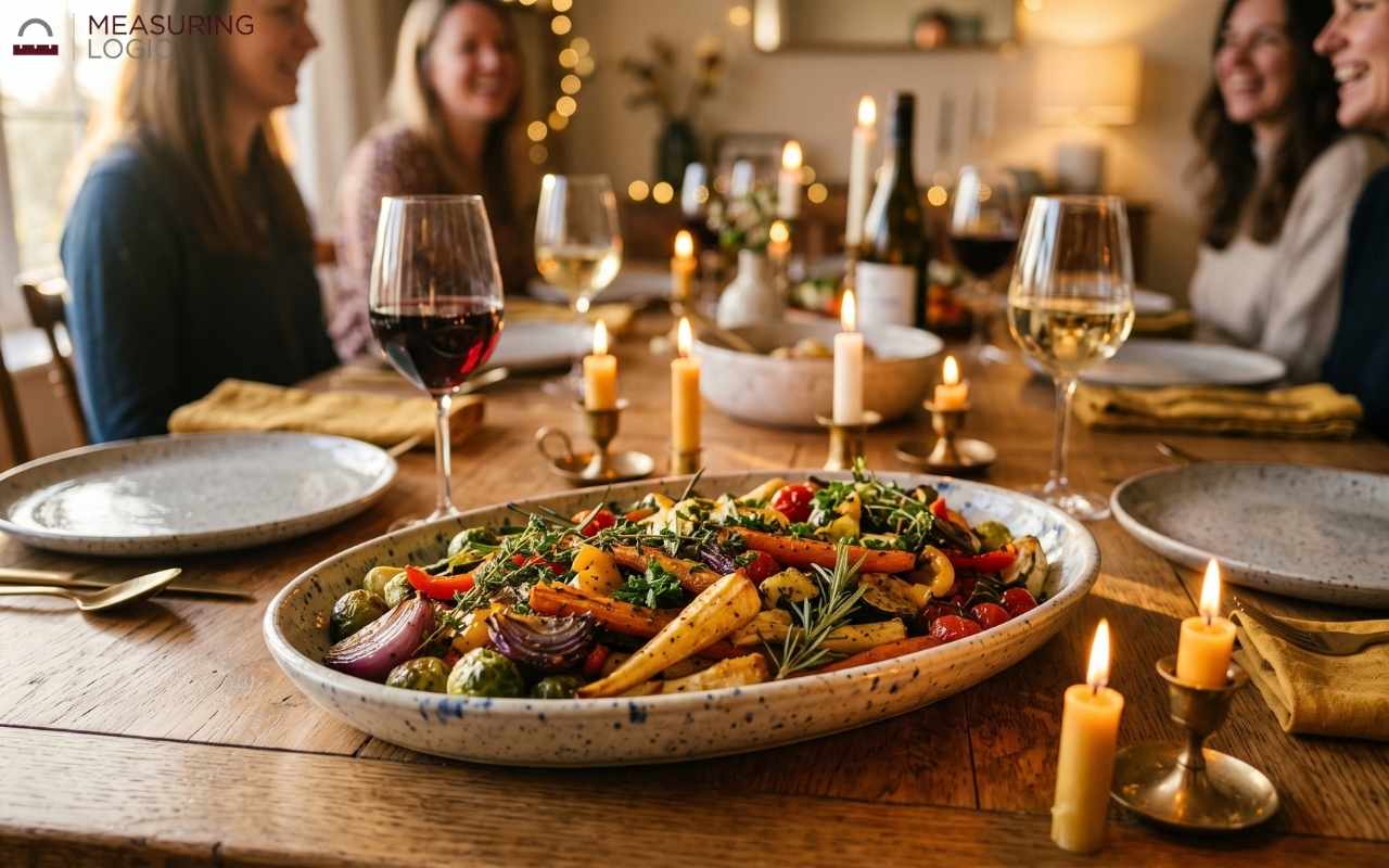 Oval 13-inch ceramic serving platter filled with roasted vegetables and herbs placed at the center of a warm, candlelit dinner table.