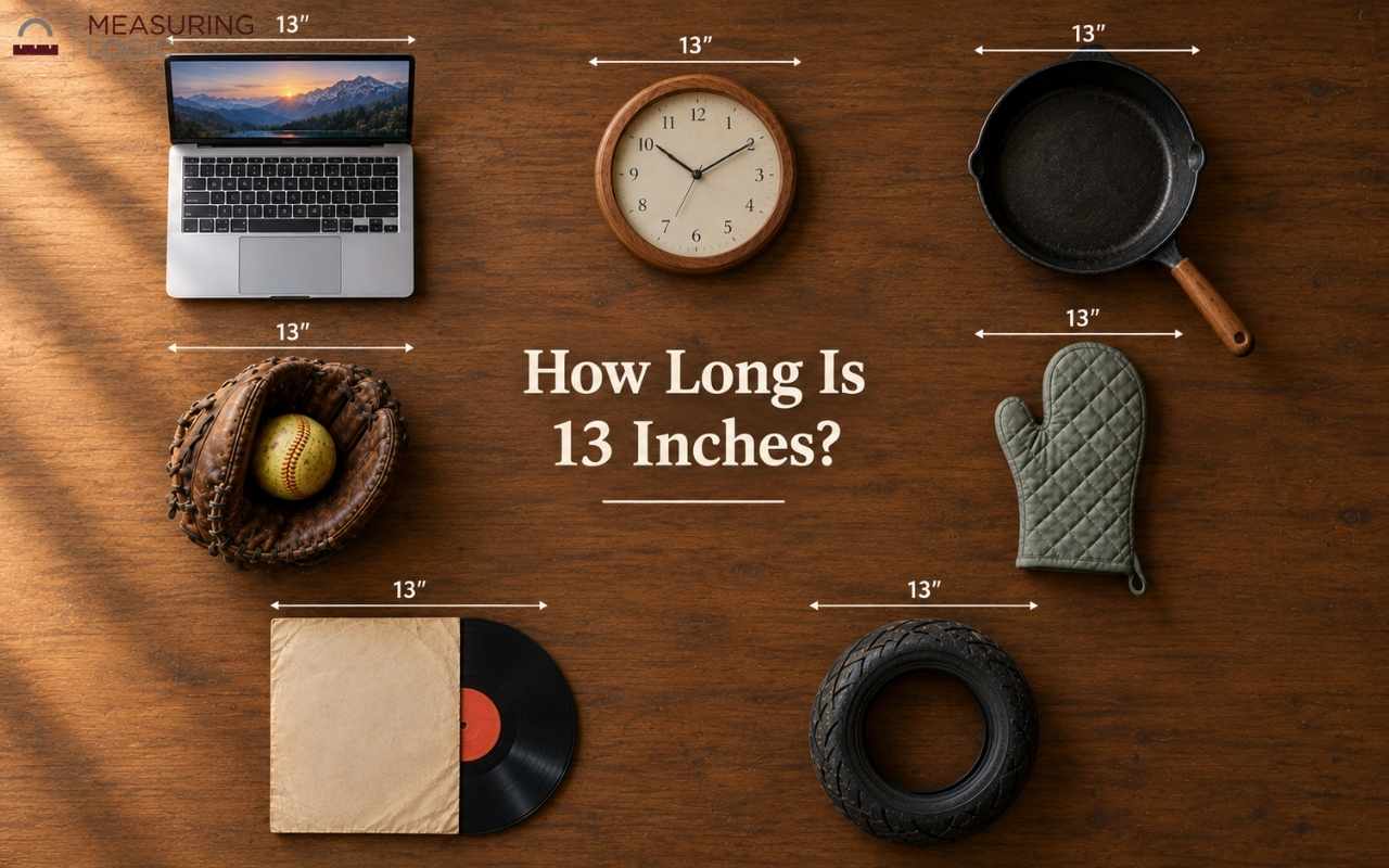 How Long Is 13 Inches? illustrated with everyday objects marked at 13 inches.