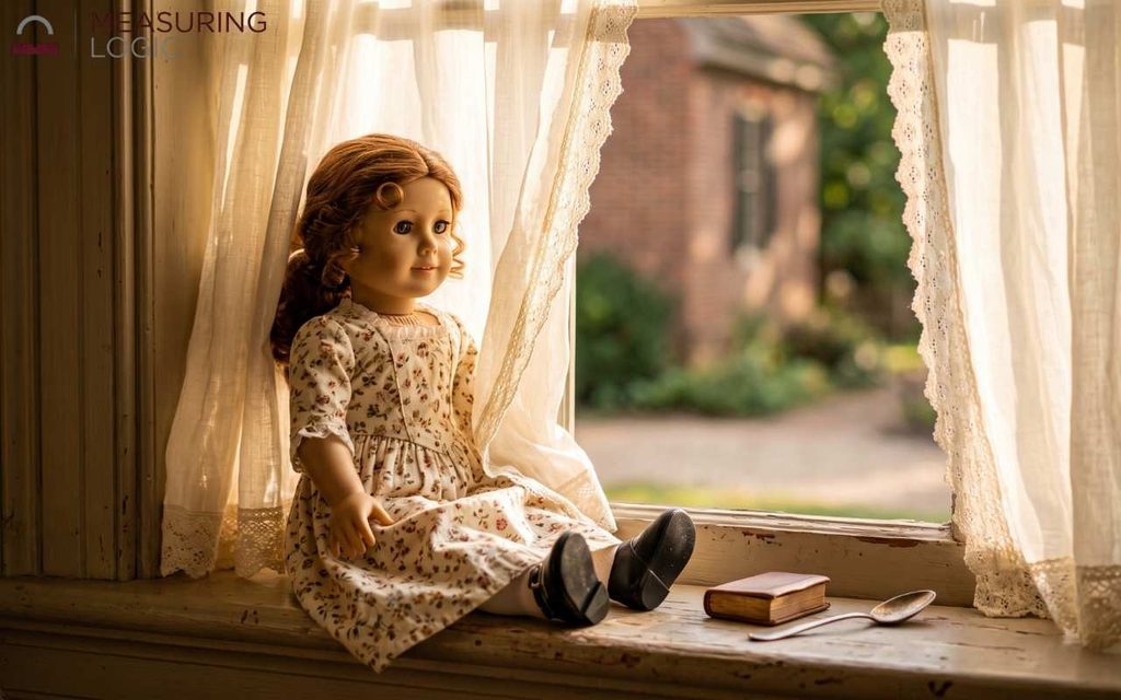 An 18-inch American Girl doll seated near a window