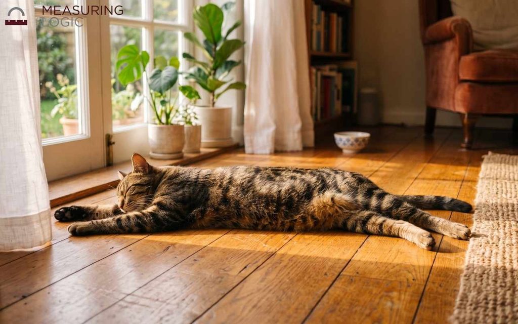 An adult cat stretched out, close to 18 inches long nose to tail base