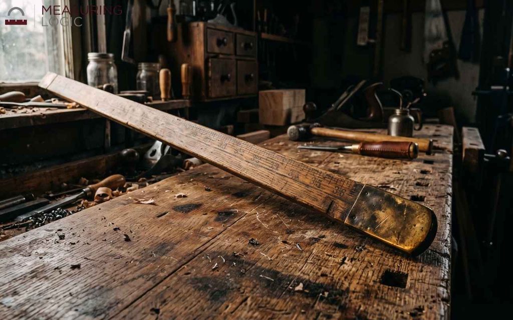 A wooden yardstick on a craftsman's desk