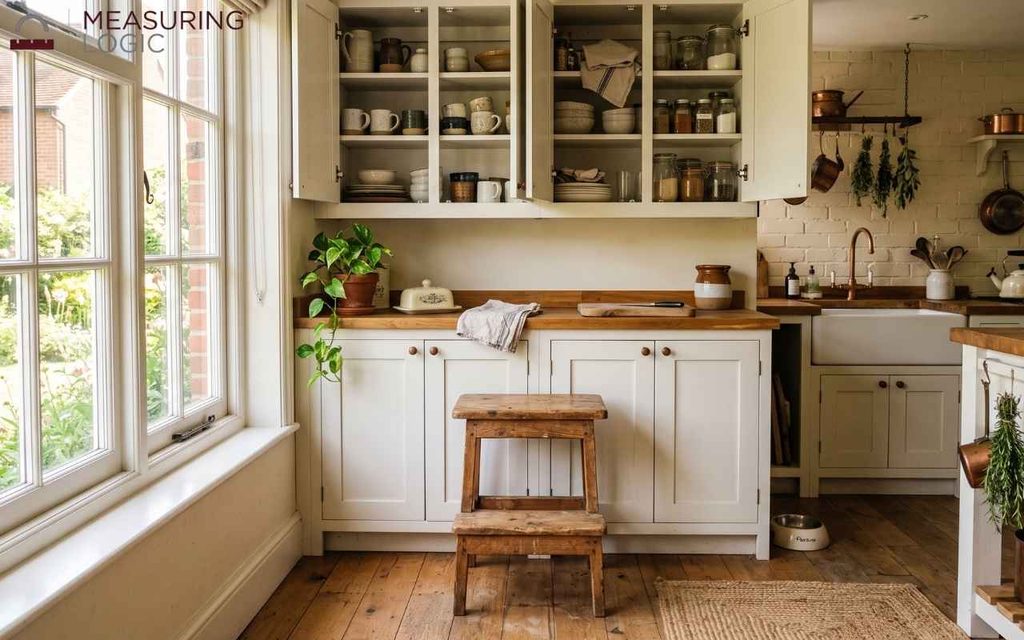 An 18-inch tall step stool positioned under kitchen cabinets