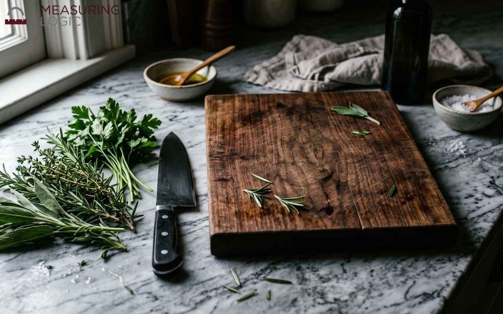 A large wooden cutting board close to 18 inches long on a kitchen counter