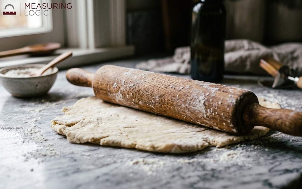 A wooden rolling pin measuring close to 18 inches with handles included