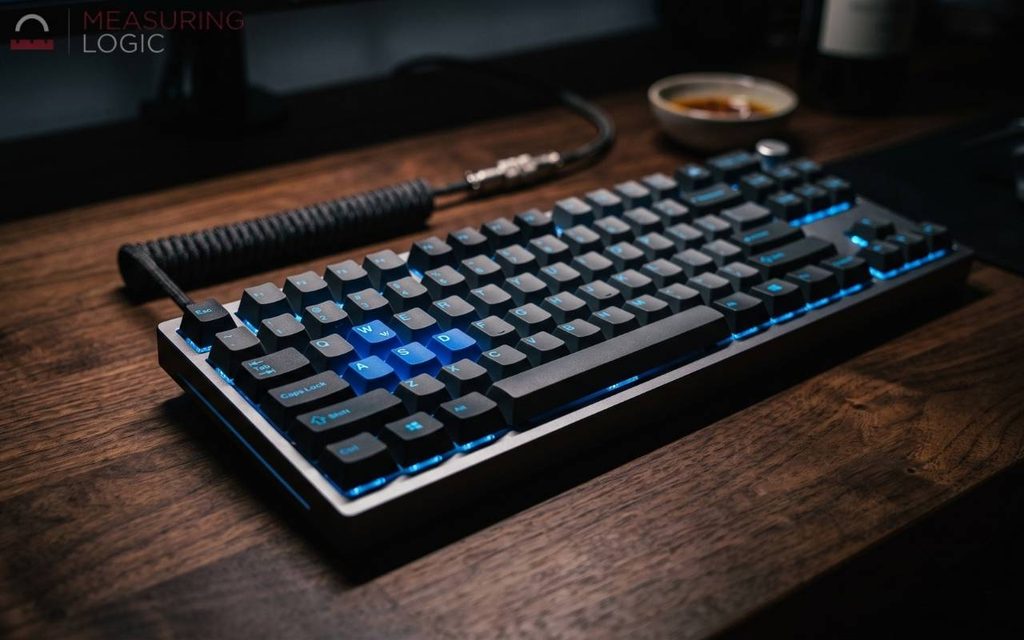 A full-size computer keyboard measuring close to 18 inches wide