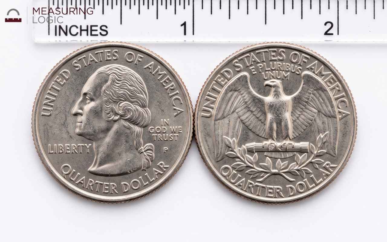 Two quarters placed edge to edge next to a ruler showing a combined width near 2 inches