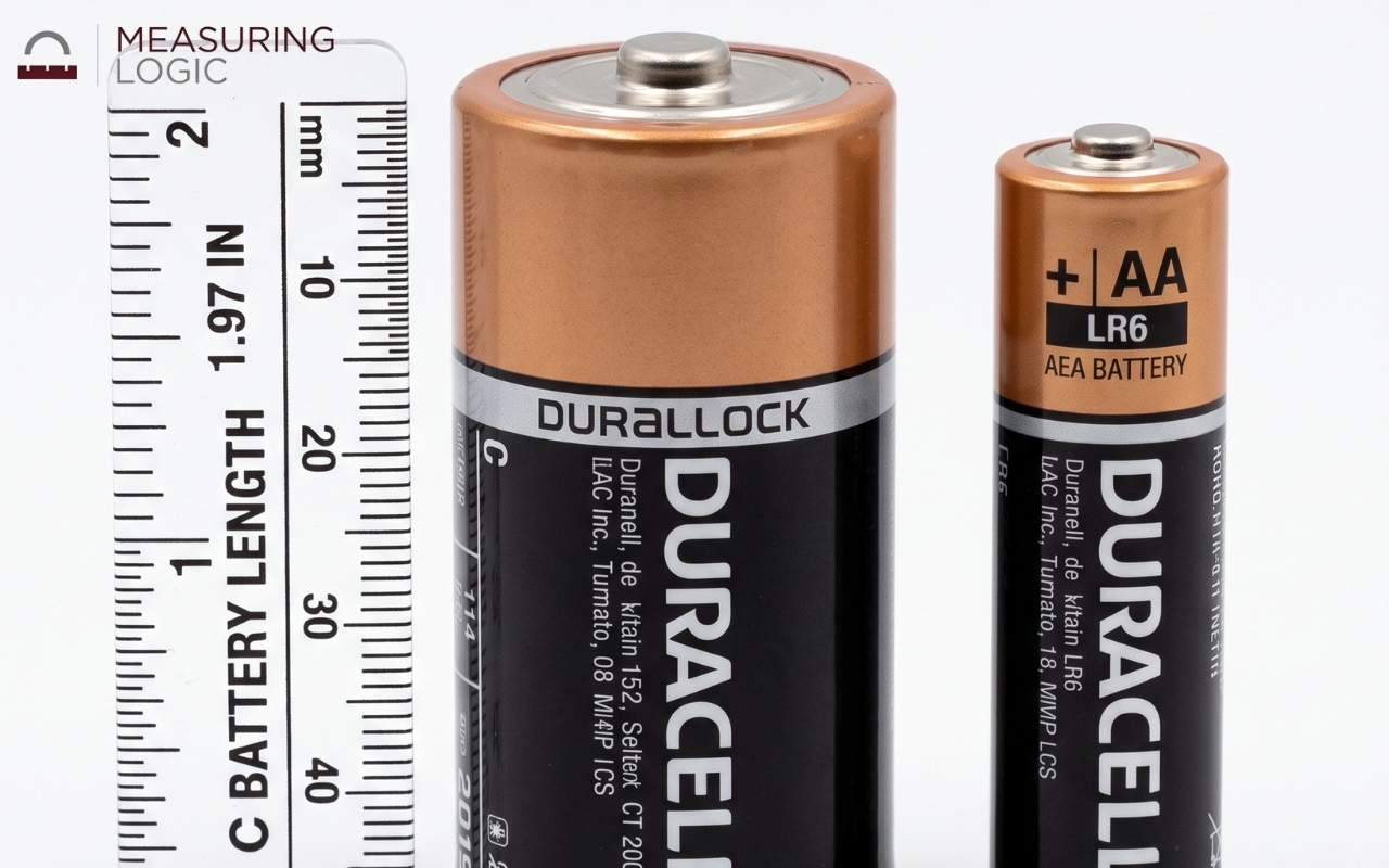 A C battery beside an AA battery and a ruler showing its length.