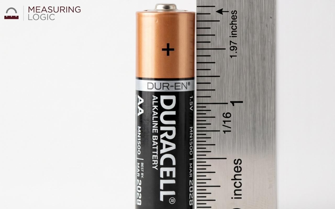 An AA battery standing next to a ruler showing its 1.97-inch length.