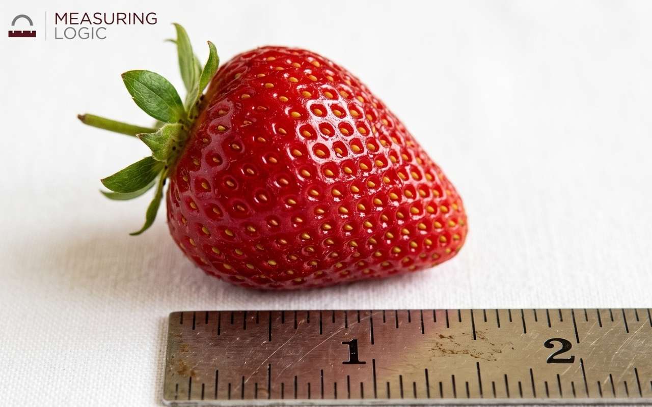 A large strawberry next to a ruler showing a length near 2 inches.