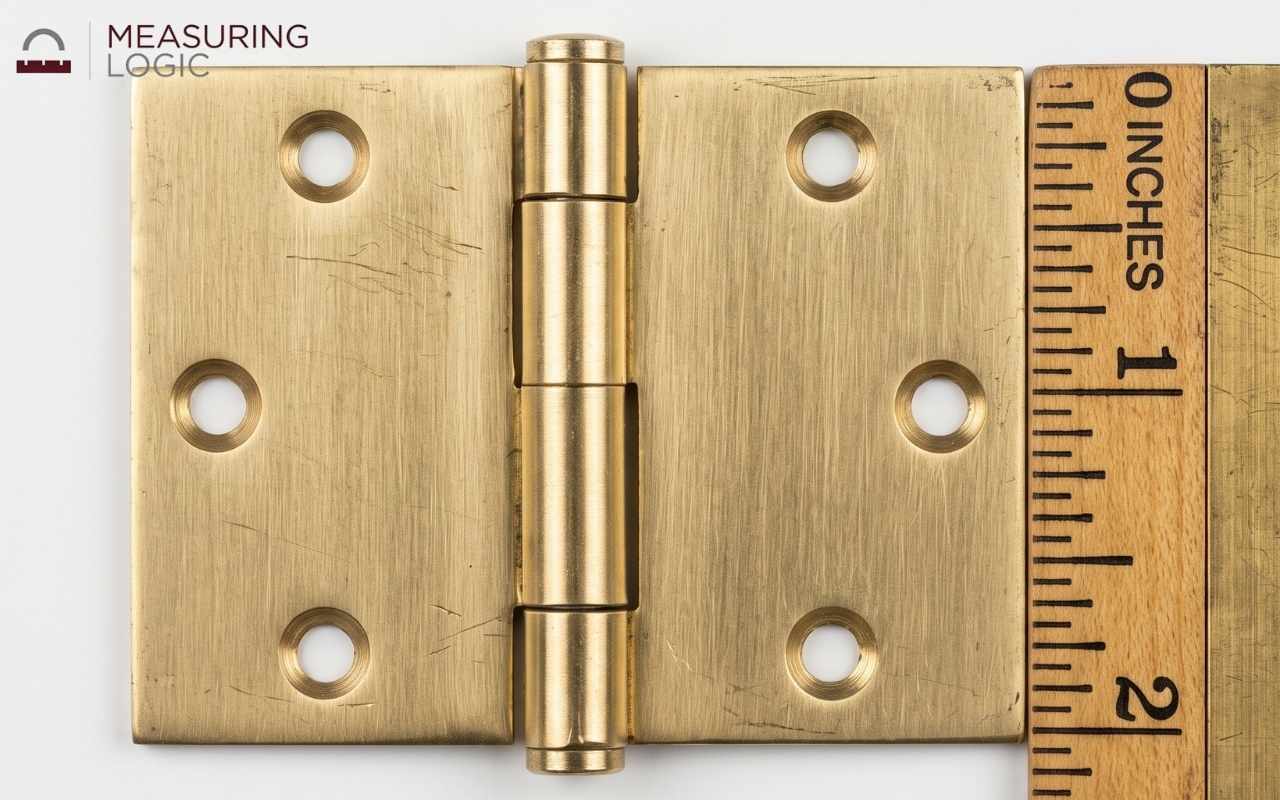 An open door hinge with a ruler showing its 2-inch leaf width.