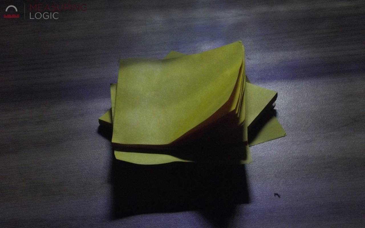Yellow 3x3 inch sticky note on a wooden desk