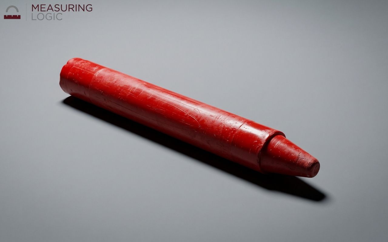 Red crayon measuring about 3 inches long on a gray background