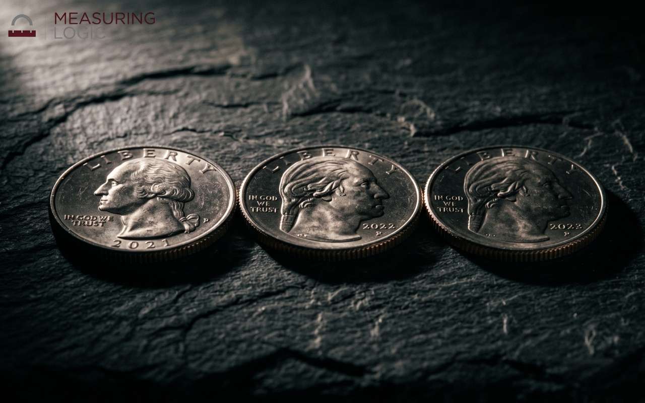 Three US quarters lined up close to a 3 inch measurement
