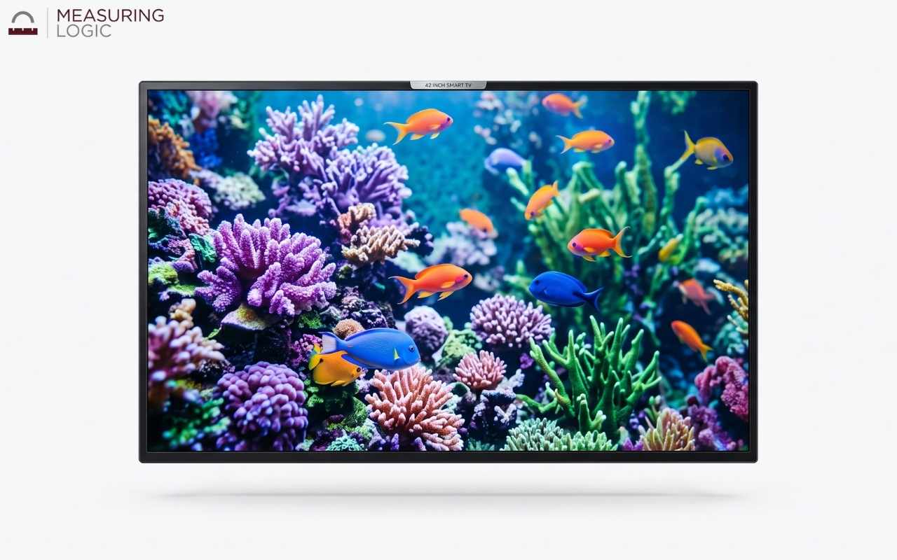 A 42-inch smart TV set against a plain white background. The TV screen is brightly lit, displaying a vibrant, full-color underwater photograph