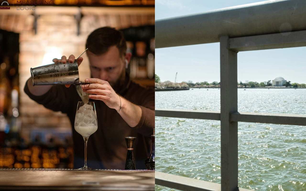 A split-panel photograph illustrating everyday examples of 42-inch heights. The left panel features a dimly lit scene under the "Measuring Logic" logo, showing a bartender pouring a drink into an ice-filled glass resting on a standard 42-inch bar height counter. The right panel displays a sunlit exterior view looking through a standard 42-inch safety railing toward a body of water, with a classical domed memorial visible on the far shore under a clear sky.